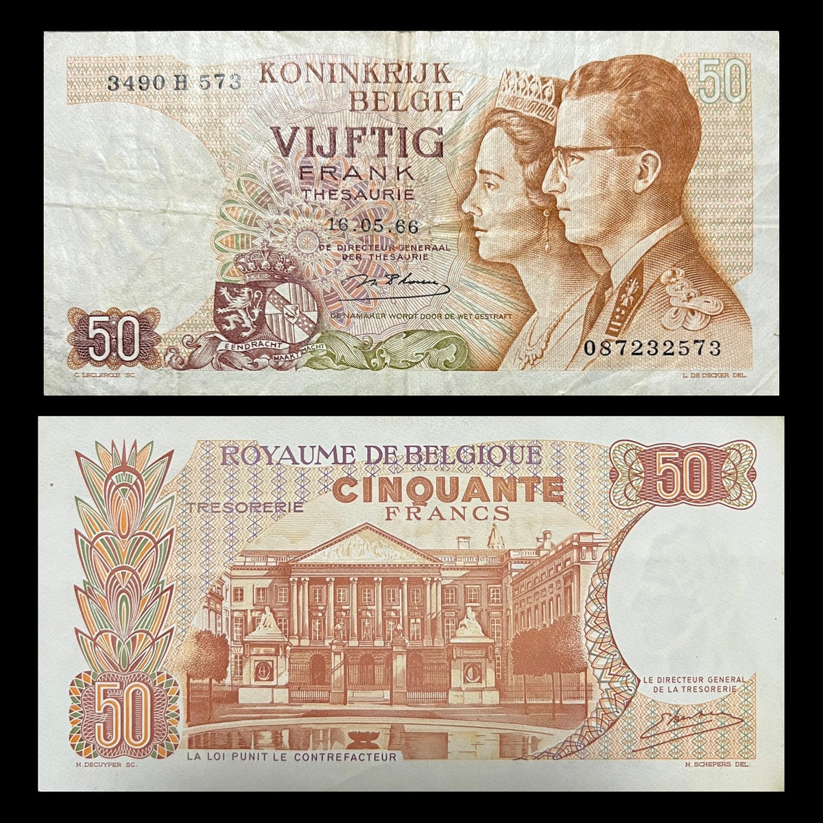 Belgium 50 Francs 1966 P-139 VF banknote – front with King Baudouin and Queen Fabiola, back with the Parliament in Brussels