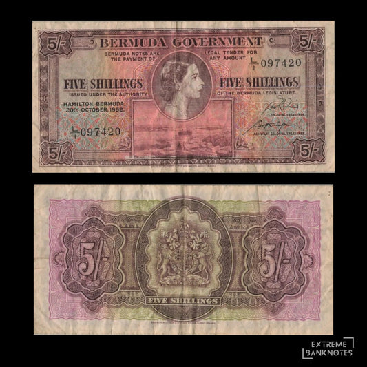 Bermuda 5 Shillings 1952 P-18a — Scarcer First Date — VF (Staple Holes) – front and back
