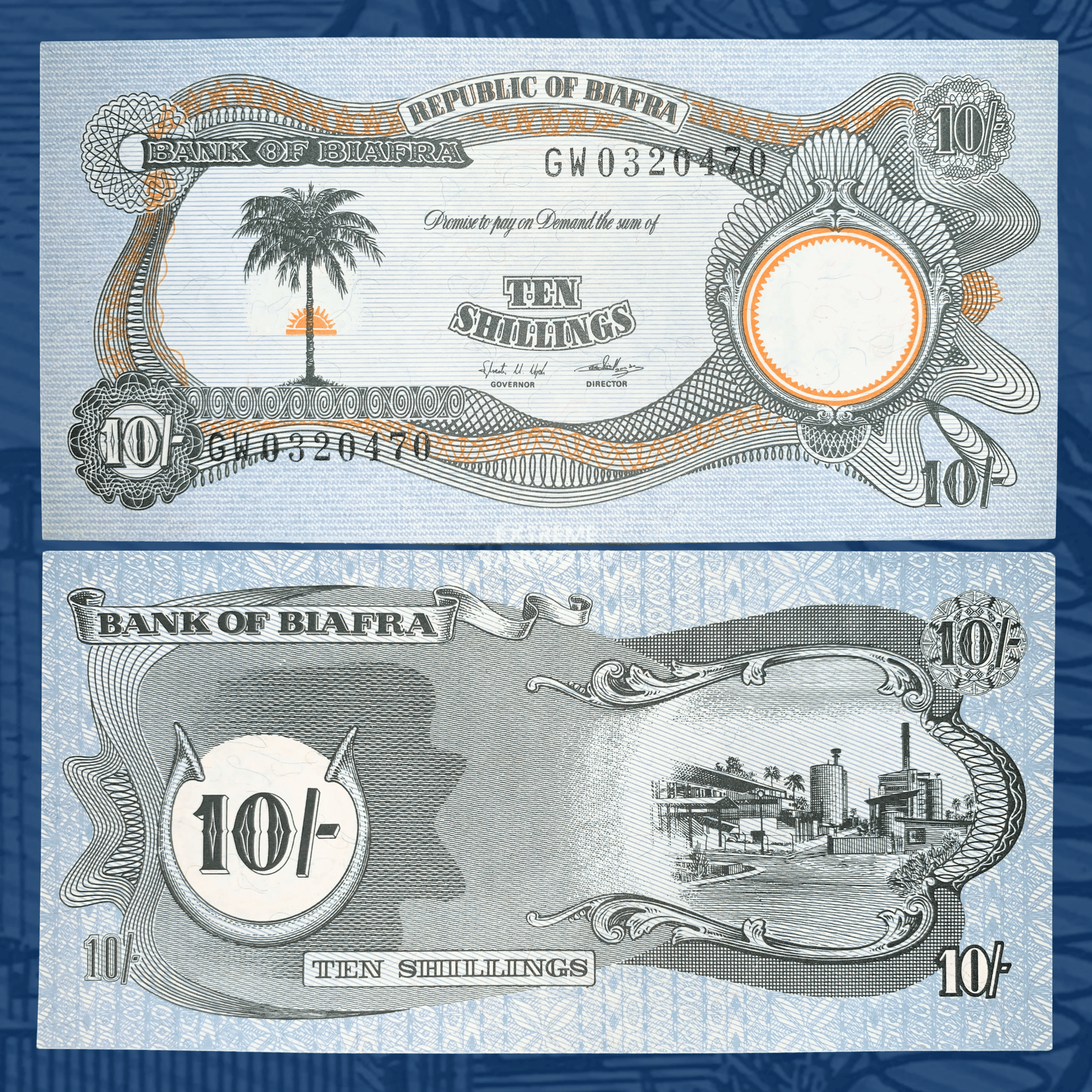 Authentic Biafra 10 Shillings banknote ND (1968–1969) P-4 showing the front with palm tree and rising sun vignette alongside the reverse featuring an industrial refinery scene, Republic of Biafra emergency currency collectible.