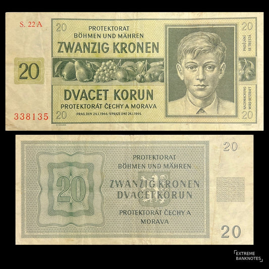 Bohemia and Moravia 20 Korun 1944 P-9a VF banknote – front with a young boy and fruit, back with a large 20 in German and Czech