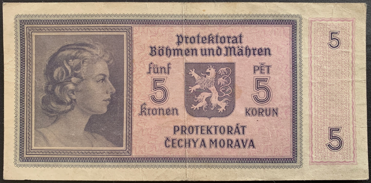 back of Bohemia and Moravia 5 Korun ND (1940) P-4 XF with portrait of woman