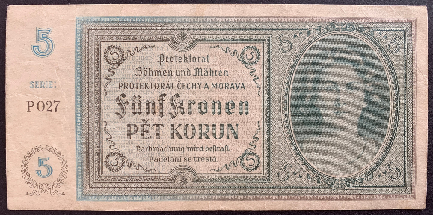 front of Bohemia and Moravia 5 Korun ND (1940) P-4 XF with portrait of woman