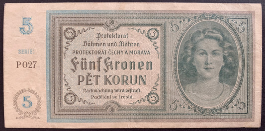 front of Bohemia and Moravia 5 Korun ND (1940) P-4 XF with portrait of woman
