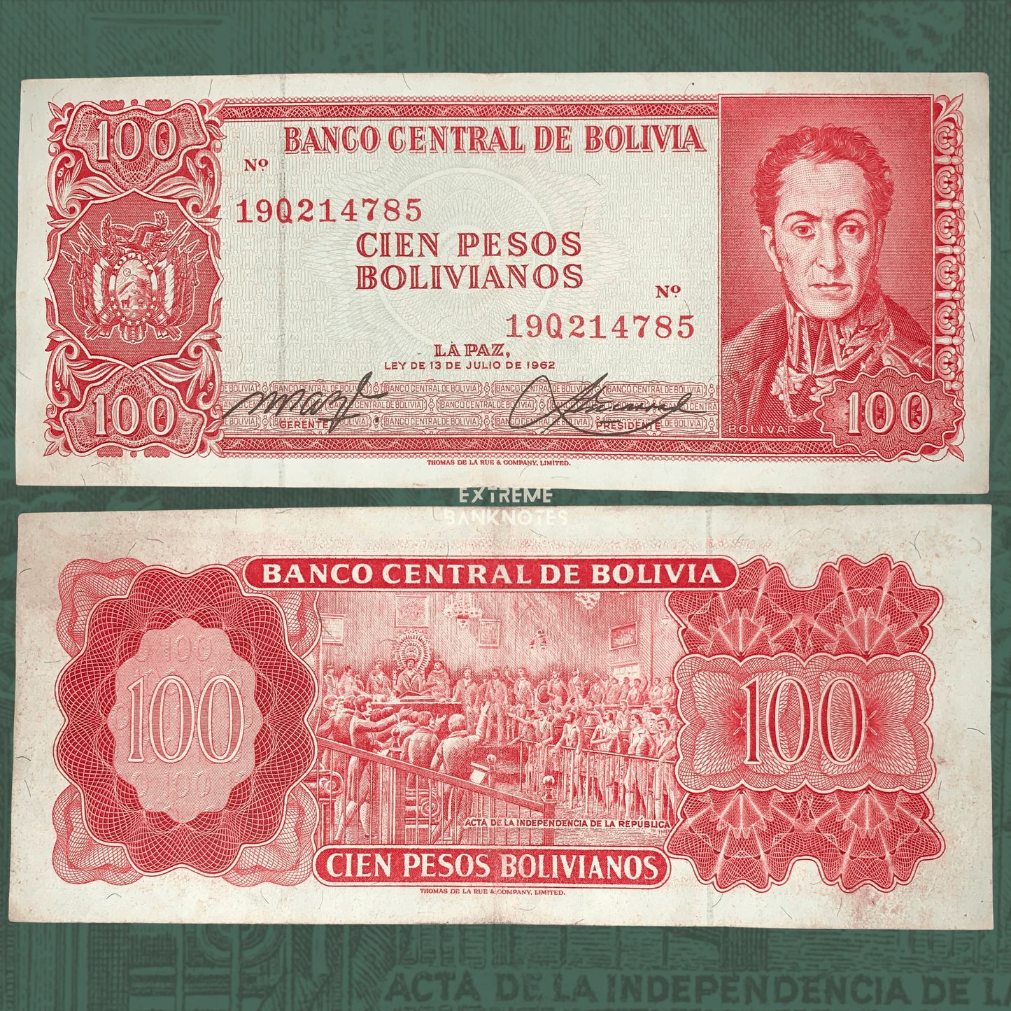 Authentic Bolivia 100 Pesos Bolivianos banknote issued under the 13 July 1962 law, Pick P-164b. Obverse features a portrait of Simón Bolívar alongside the Bolivian coat of arms, while the reverse depicts the signing of the Bolivian Declaration of Independence. Front and back views of the collectible banknote.