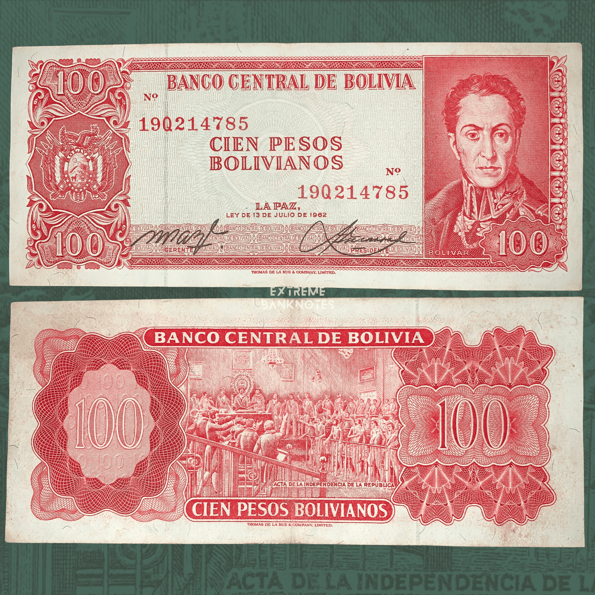 Authentic Bolivia 100 Pesos Bolivianos banknote issued under the 13 July 1962 law, Pick P-164b. Obverse features a portrait of Simón Bolívar alongside the Bolivian coat of arms, while the reverse depicts the signing of the Bolivian Declaration of Independence. Front and back views of the collectible banknote.