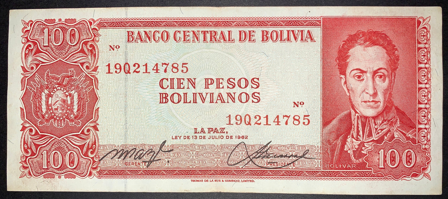 Obverse of an authentic Bolivia 100 Pesos Bolivianos banknote, 1962 issue, Pick P-164b. Features a detailed portrait of Simón Bolívar, the Bolivian coat of arms, ornate guilloche patterns, serial numbers, and finely engraved security details.
