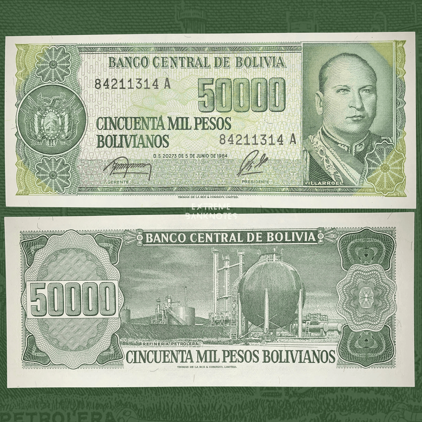 Authentic Bolivia 50,000 Pesos Bolivianos banknote, 1984 issue, Pick P-170. Promotional product image highlighting the portrait of President Gualberto Villarroel, intricate engraved artwork, and classic green design from Banco Central de Bolivia.