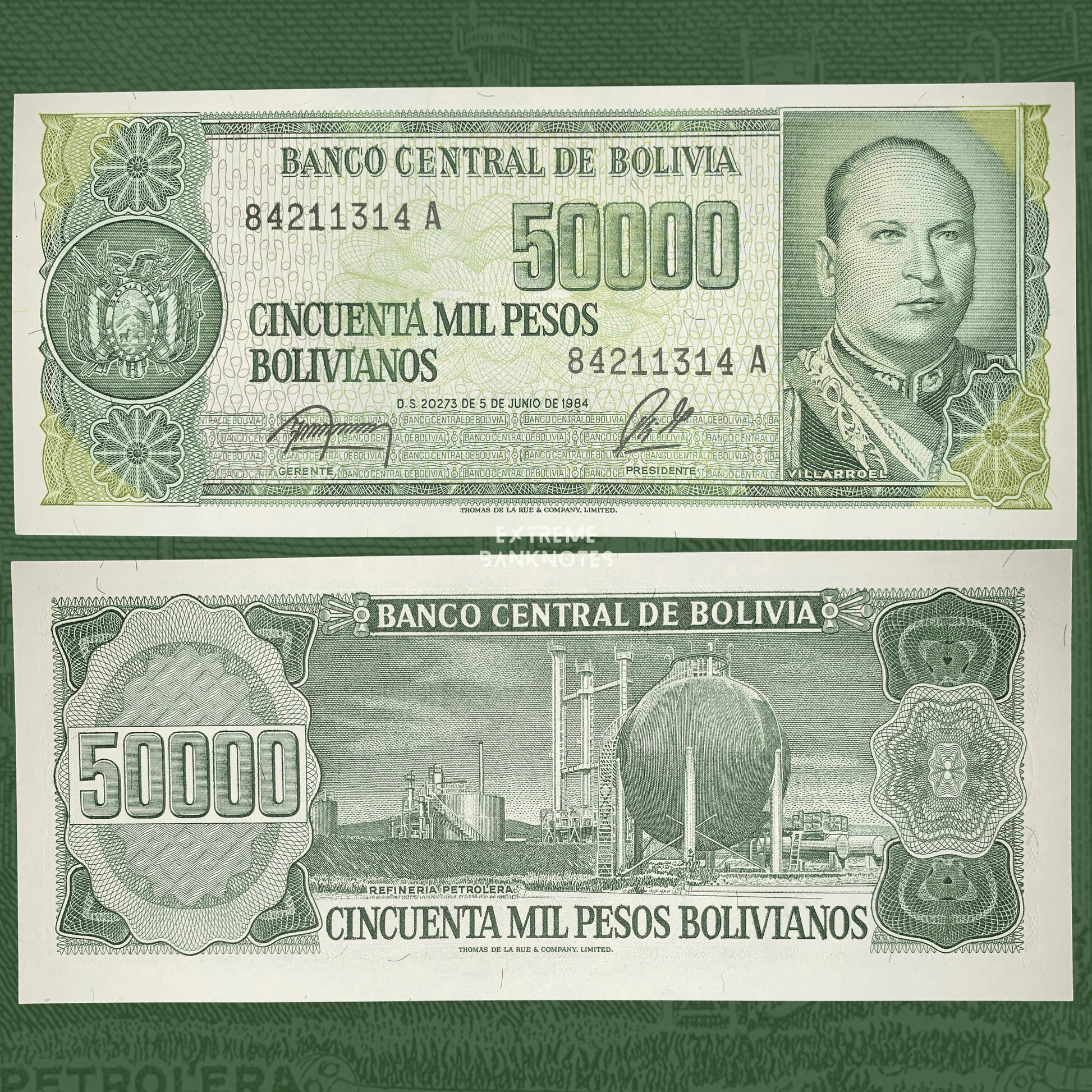 Authentic Bolivia 50,000 Pesos Bolivianos banknote, 1984 issue, Pick P-170. Promotional product image highlighting the portrait of President Gualberto Villarroel, intricate engraved artwork, and classic green design from Banco Central de Bolivia.