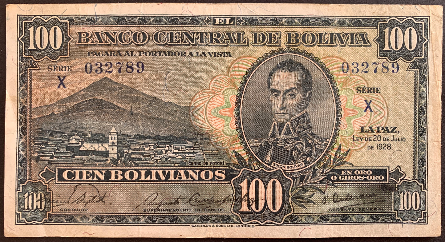 front of Bolivia 100 Bolivianos 1928 P-133 VF collectible vintage banknote with portrait of Simón Bolívar and Potosí in background