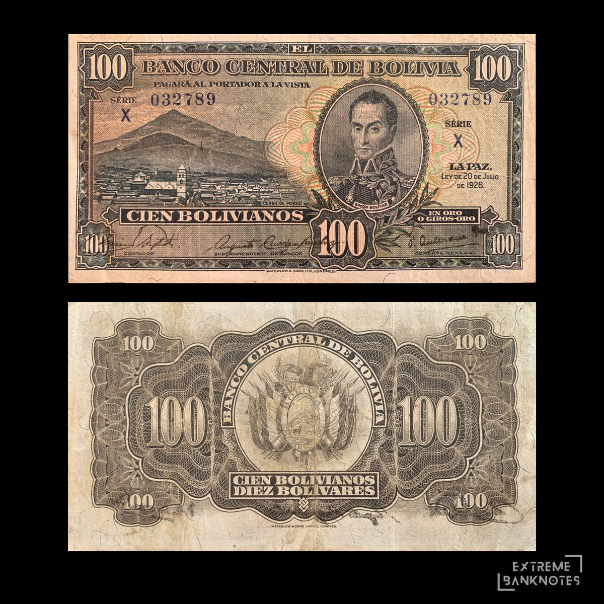 Bolivia 100 Bolivianos 1928 P-133 VF – front and back