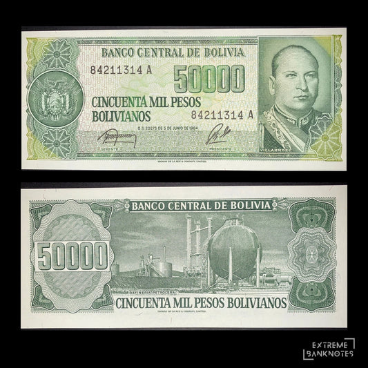 Authentic Bolivia 50,000 Pesos Bolivianos banknote, 1984 issue, Pick P-170. Promotional product image highlighting the portrait of President Gualberto Villarroel, intricate engraved artwork, and classic green design from Banco Central de Bolivia.