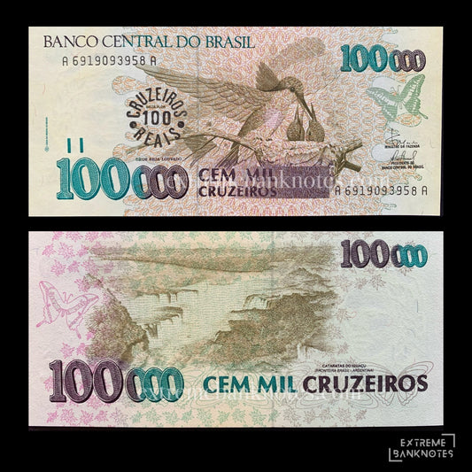 Brazil 100 Cruzeiros Reais ND (1993) P-238 UNC (overprinted on 100 000 Cruzeiros) – front and back