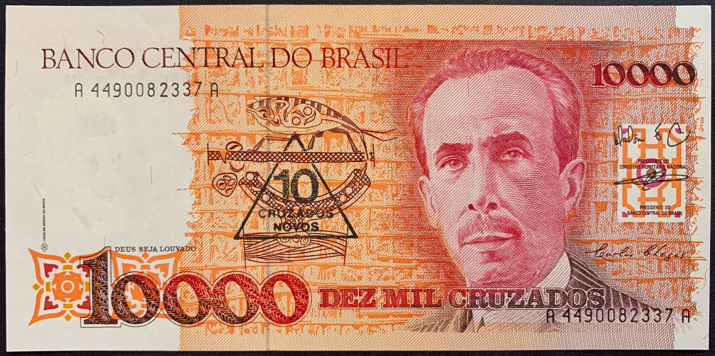 front of Brazil 10 Cruzados Novos ND (1990) P-218b collectible banknote with portrait of Carlos Ribeiro Justiniano das Chagas
