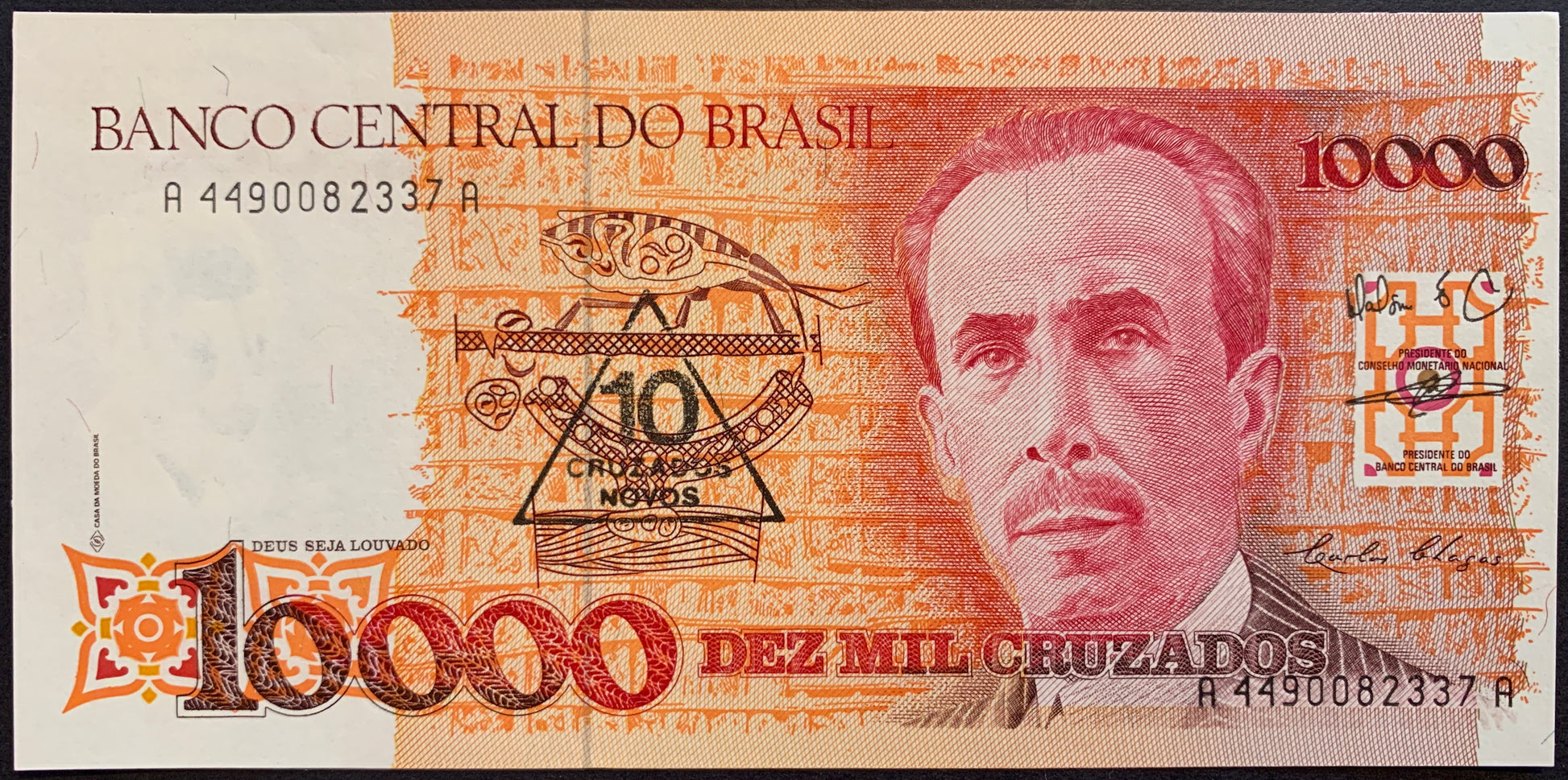 front of Brazil 10 Cruzados Novos ND (1990) P-218b collectible banknote with portrait of Carlos Ribeiro Justiniano das Chagas