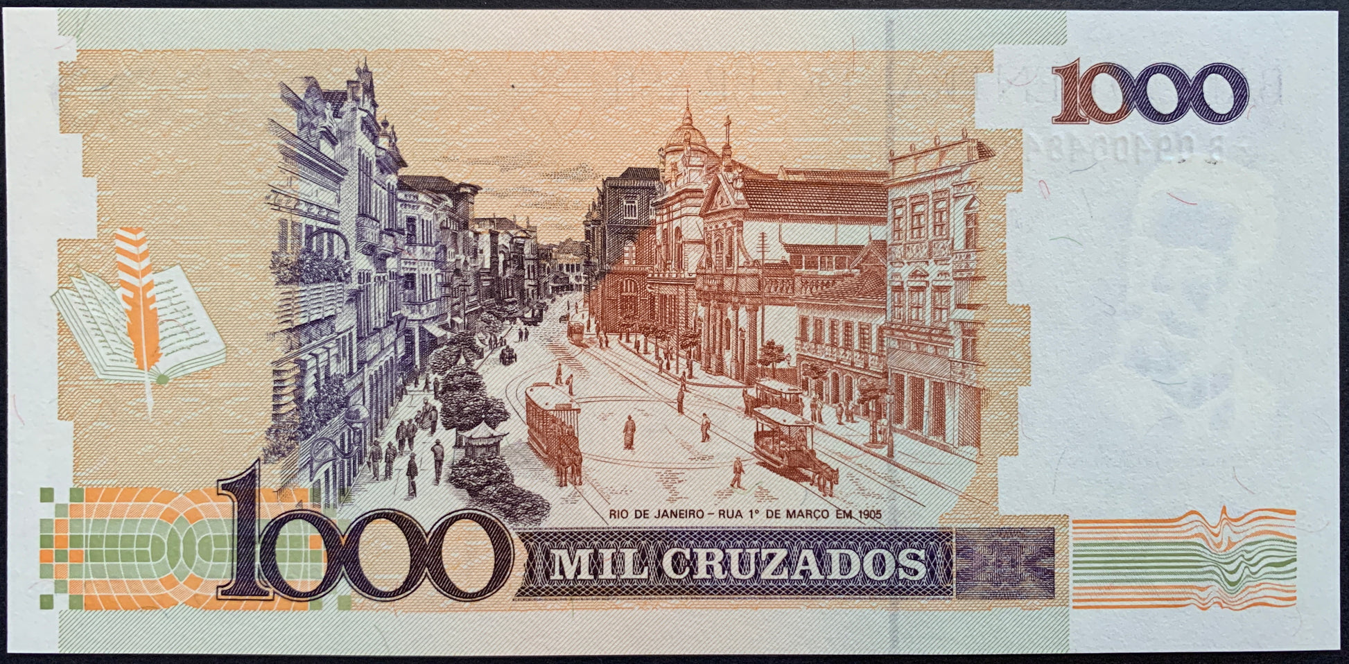back of Brazil 1 Cruzado Novo ND (1989) P-216b with Primeiro de Março street, in Rio de Janeiro
