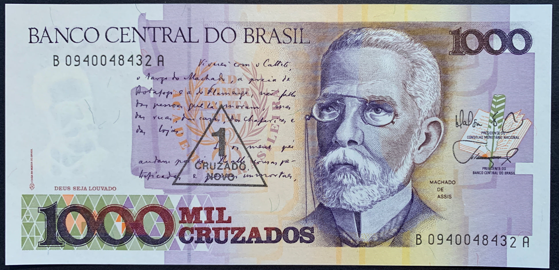 front of Brazil 1 Cruzado Novo ND (1989) P-216b collectible banknote with portrait of Joaquim Maria Machado de Assis