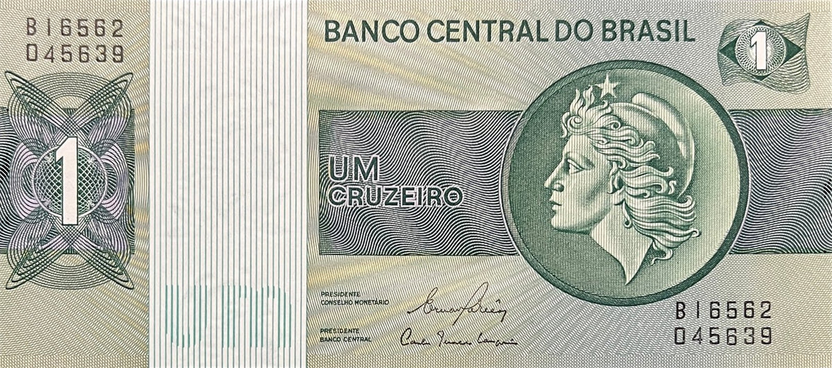 Front view of an uncirculated 1980 Brazil 1 Cruzeiro banknote featuring the effigy of the Republic in a green medallion.