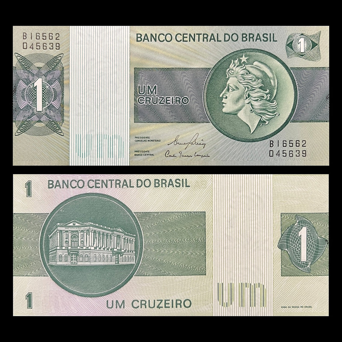 Brazil 1 Cruzeiro ND (1980) P-191Ac UNC banknote – front with the effigy of the Republic, back with the Caixa de Amortização building
