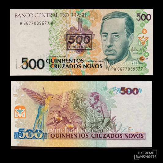 Brazil 500 Cruzeiros ND (1990) P-226b UNC (overprint on 500 Cruzados Novos) – front and back