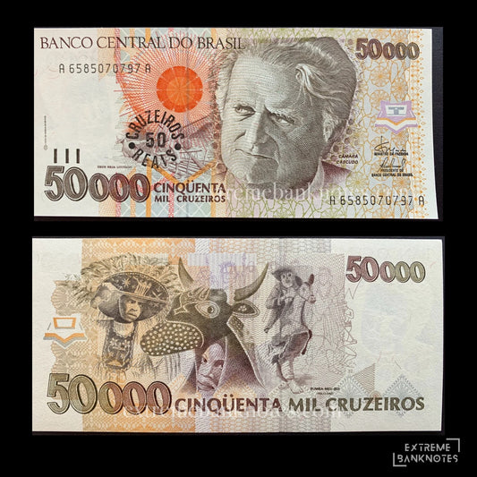 Brazil 50 Cruzeiros Reais ND (1993) P-237 UNC (overprinted on 50 000 Cruzeiros) – front and back