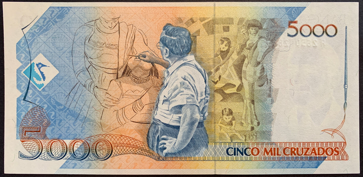 back of Brazil 5 Cruzados Novos ND (1989) P-217a collectible banknote with Portinari drawing the Baianas panel, elements from the Paz panel