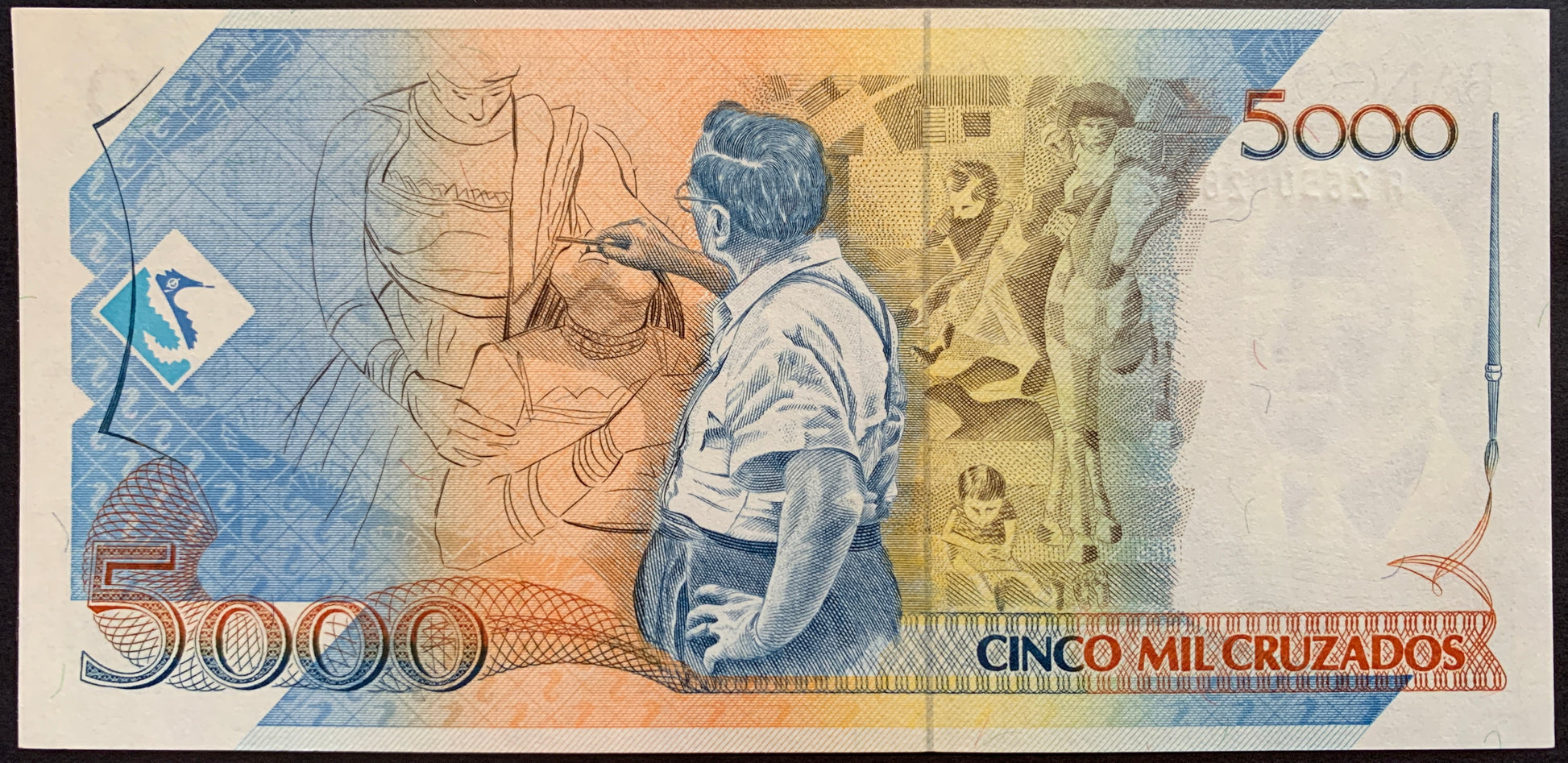 back of Brazil 5 Cruzados Novos ND (1989) P-217a collectible banknote with Portinari drawing the Baianas panel, elements from the Paz panel