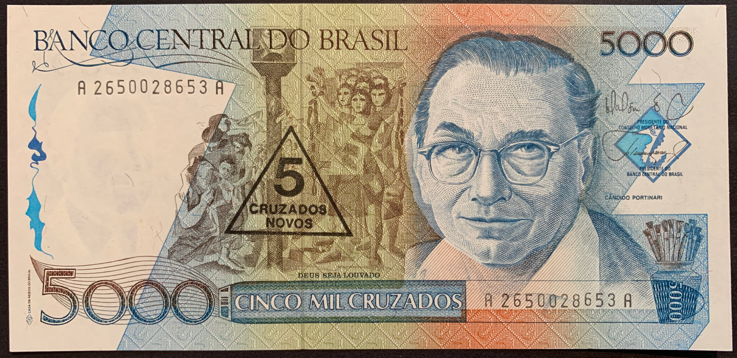 front of Brazil 5 Cruzados Novos ND (1989) P-217a collectible banknote with portrait of Candido Torquato Portinari and a final section of the epic panel Tiradentes