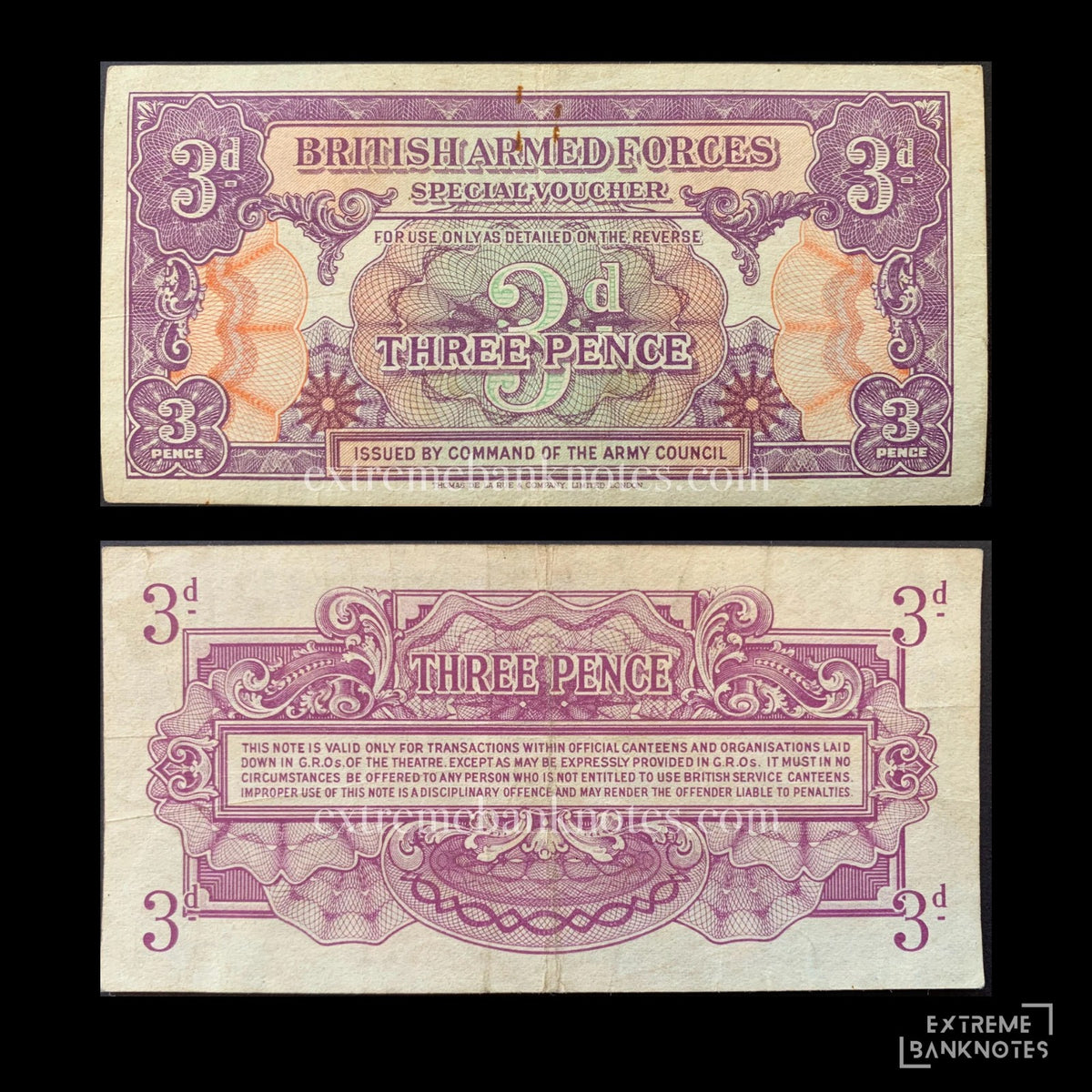 British Armed Forces 3 Pence ND (1946) P-M9 VF – front and back