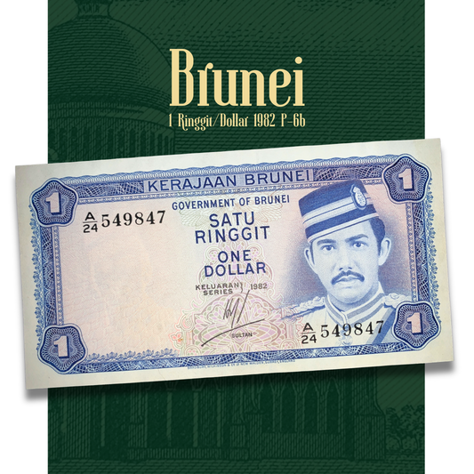 Brunei dollar banknote with a portrait on a green background