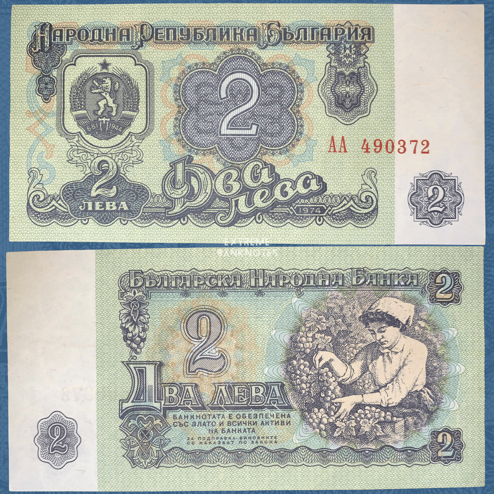 Front and back of an authentic Bulgaria 2 Leva banknote, issued in 1974, featuring the national coat of arms on the obverse, a grape harvester in a vineyard on the reverse, ornate green security patterns, and circulated condition.
