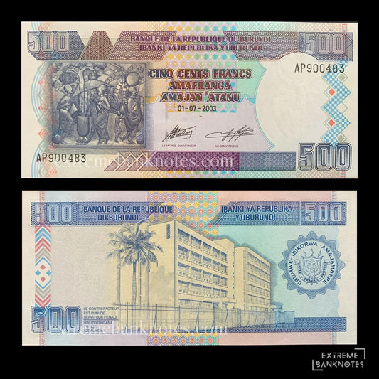 Burundi 500 Francs 2003 P-38c UNC – front and back