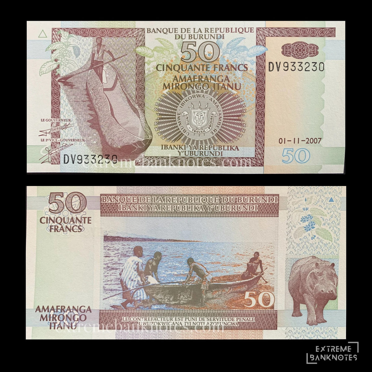 Burundi 50 Francs 2007 P-36g UNC – front and back