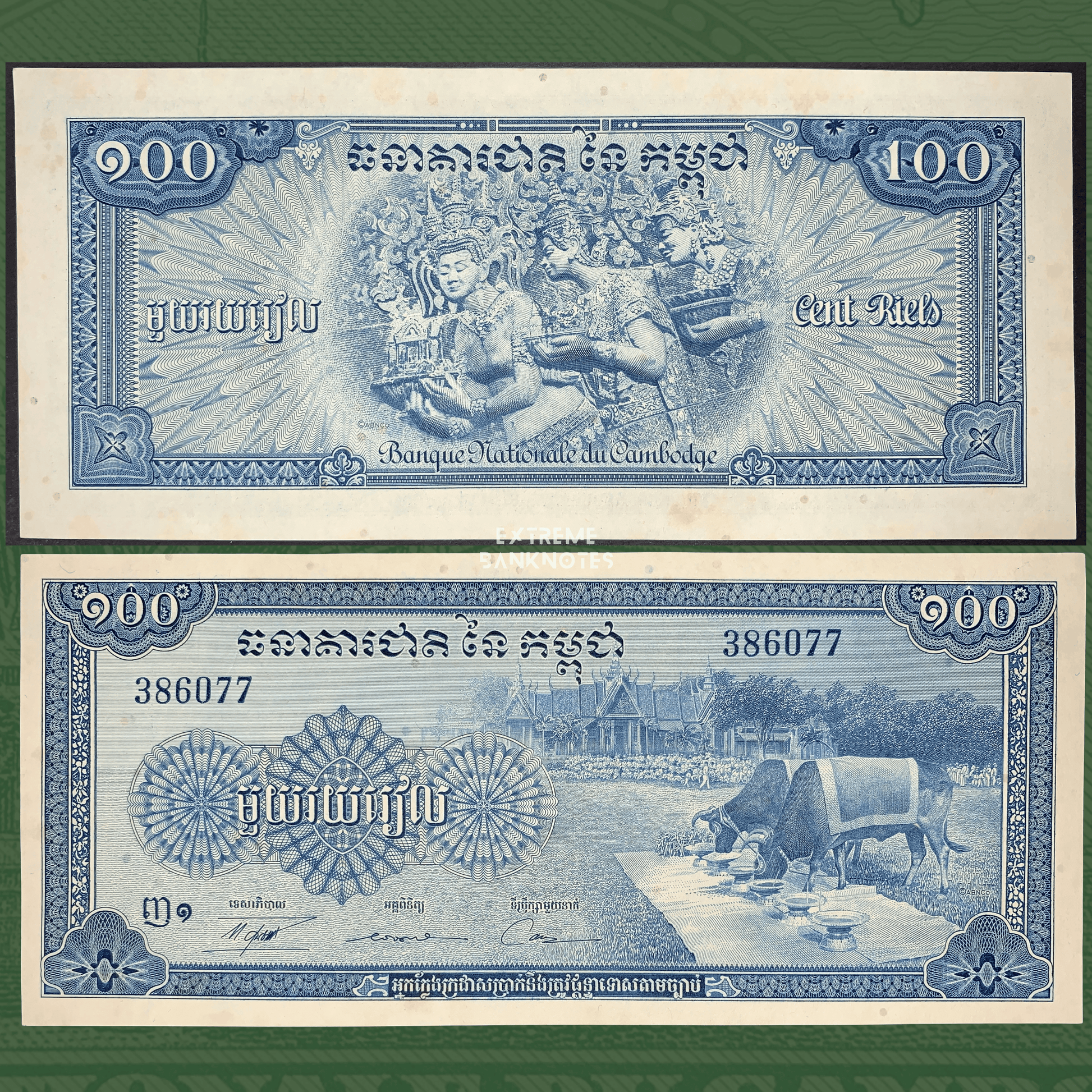 Front and back view of Cambodia 100 Riels banknote, Banque Nationale du Cambodge, featuring traditional Khmer Apsara dancers on the obverse and ceremonial oxen with temple complex on the reverse, blue engraved design, collectible vintage Cambodian currency.
