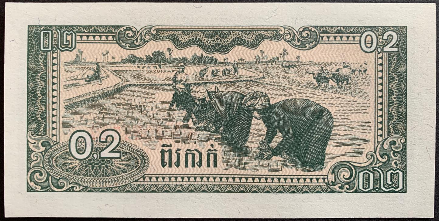 Cambodia 0.2 Riels 1979 P-26 vintage banknote with women planting rice