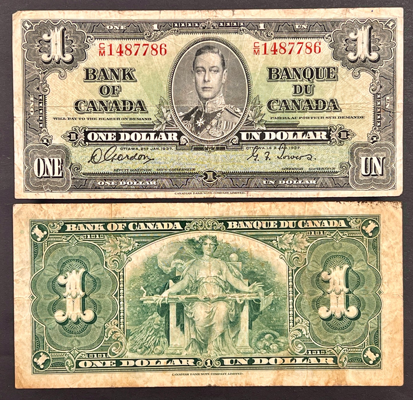 Front view of a vintage 1937 Canada 1 Dollar banknote featuring a portrait of King George VI in military uniform.
