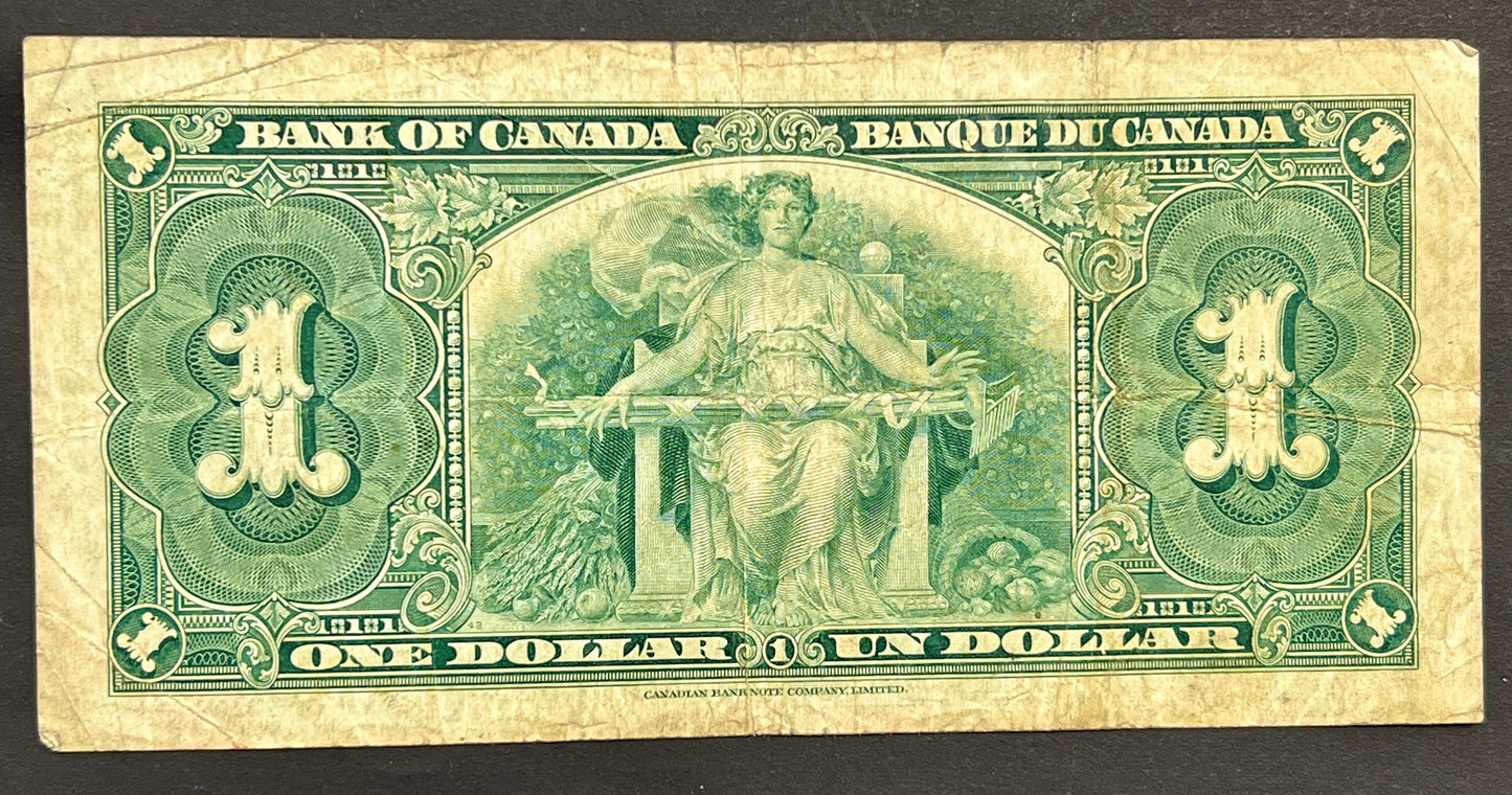 A vintage Canadian one dollar banknote from 1935, featuring green printed details and an illustration of a seated female figure, shown against a dark background.