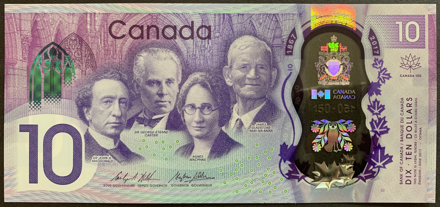 Front of the 2017 Canada 10 Dollar commemorative banknote (P-112) featuring portraits of Sir John A. Macdonald, Sir George-Étienne Cartier, Agnes Macphail, and James Gladstone with advanced polymer security features, shown in UNC condition.