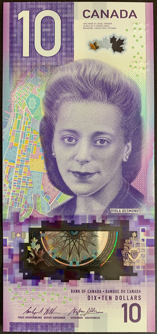 Front of the 2018 Canada 10 Dollar banknote (P-113a) featuring Viola Desmond in vertical orientation with holographic security window and polymer design in UNC condition.