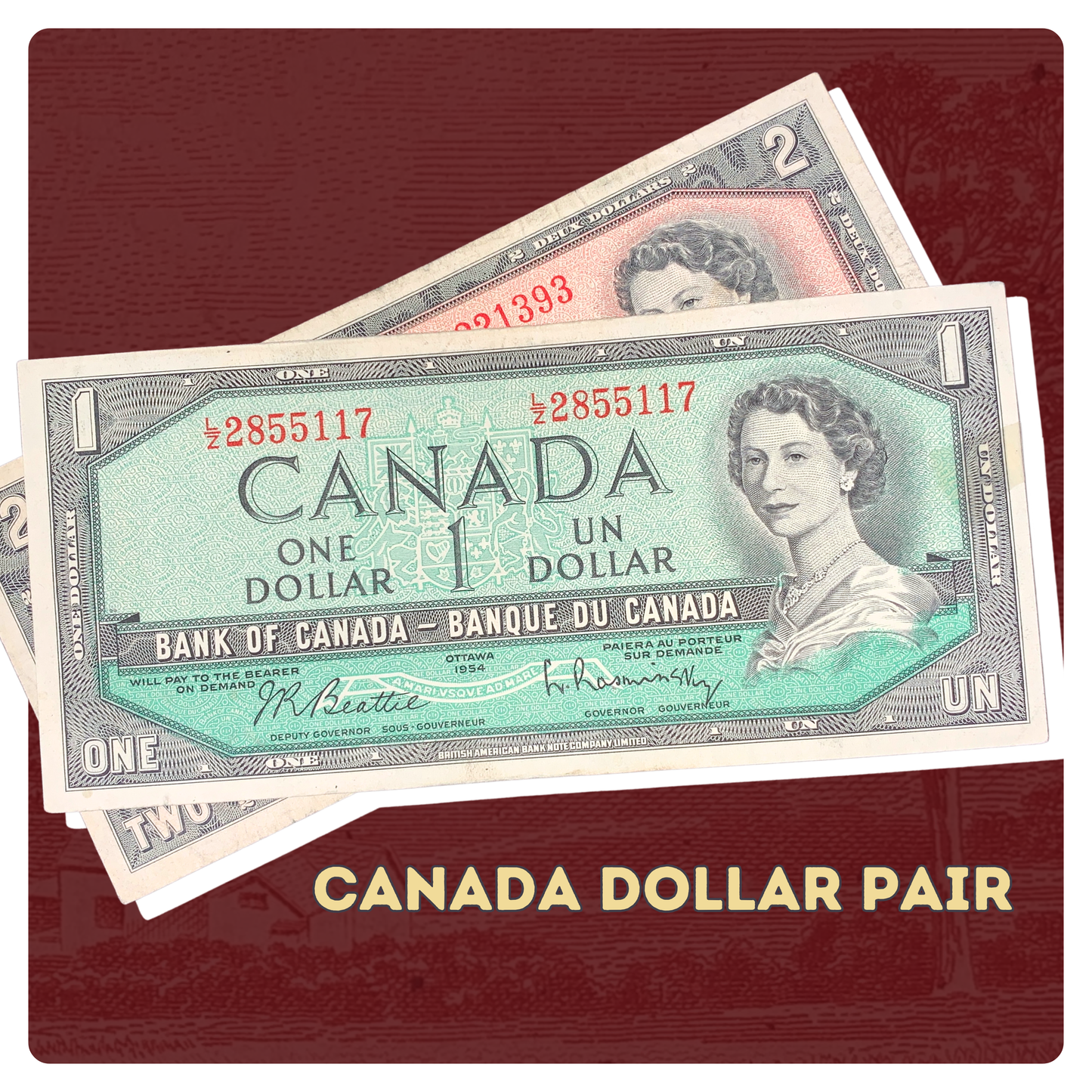 pair of 1954 vintage Canadian dollar bills featuring the portrait of Queen Elizabeth II