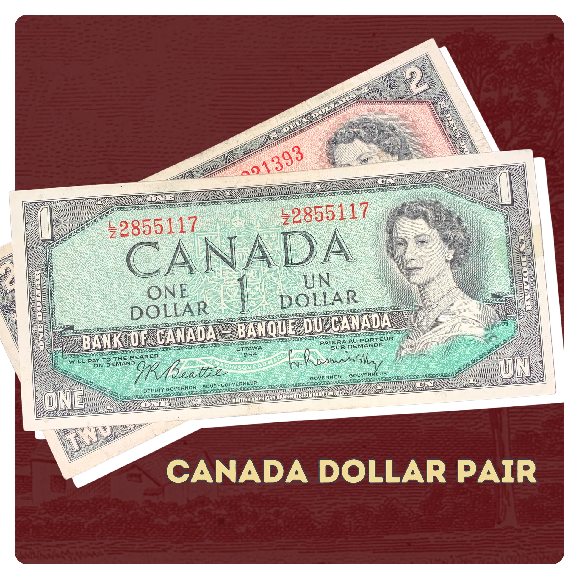pair of 1954 vintage Canadian dollar bills featuring the portrait of Queen Elizabeth II