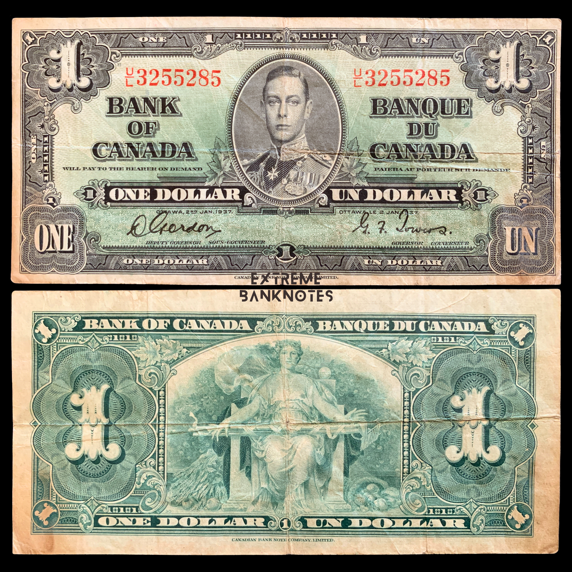 front and back of Canada 1 Dollar 1937 P-58d F collectible banknote
