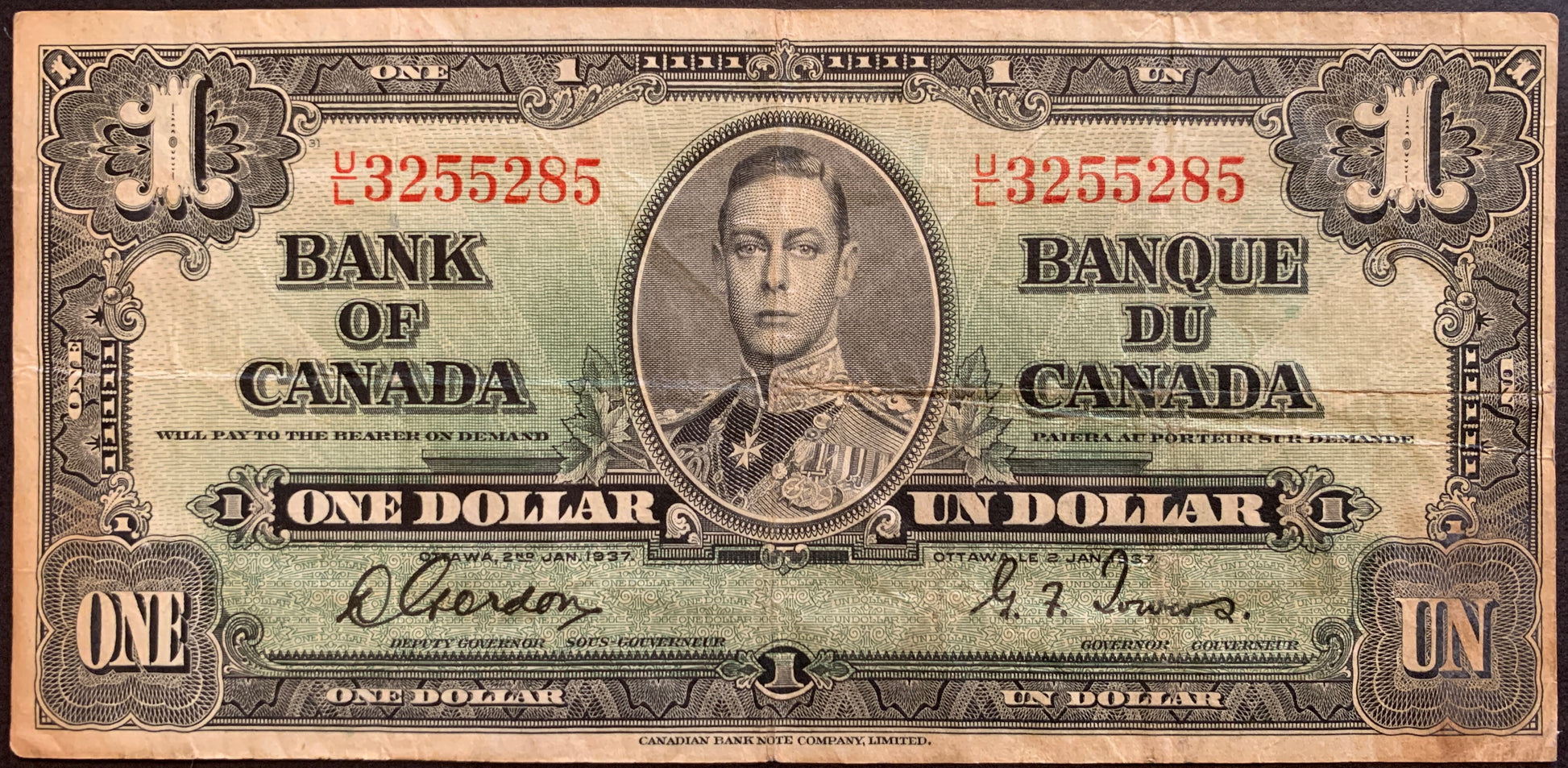 front of Canada 1 Dollar 1937 P-58d F collectible banknote with portrait of King George VI