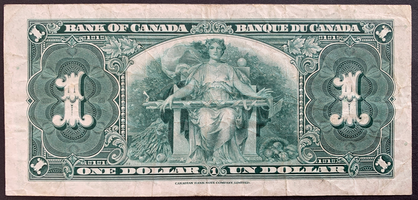 back of Canada 1 Dollar 1937 P-58e F collectible banknote