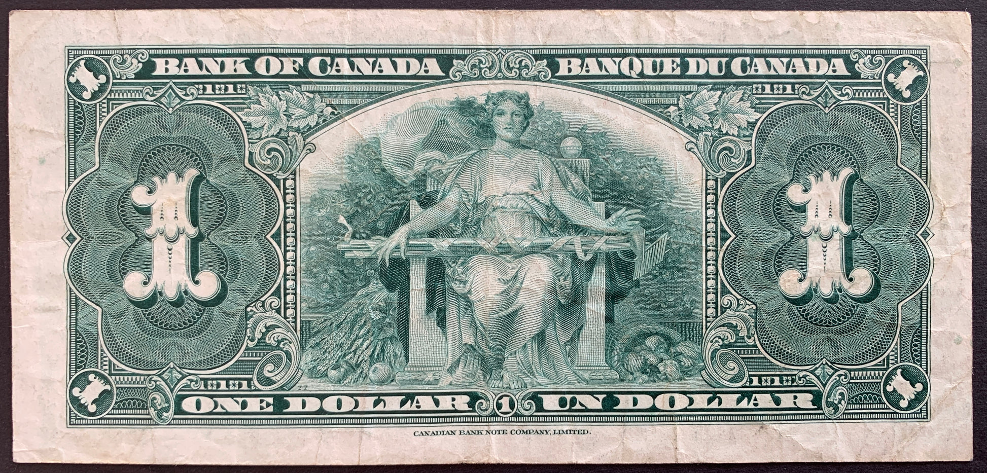 back of Canada 1 Dollar 1937 P-58e F collectible banknote