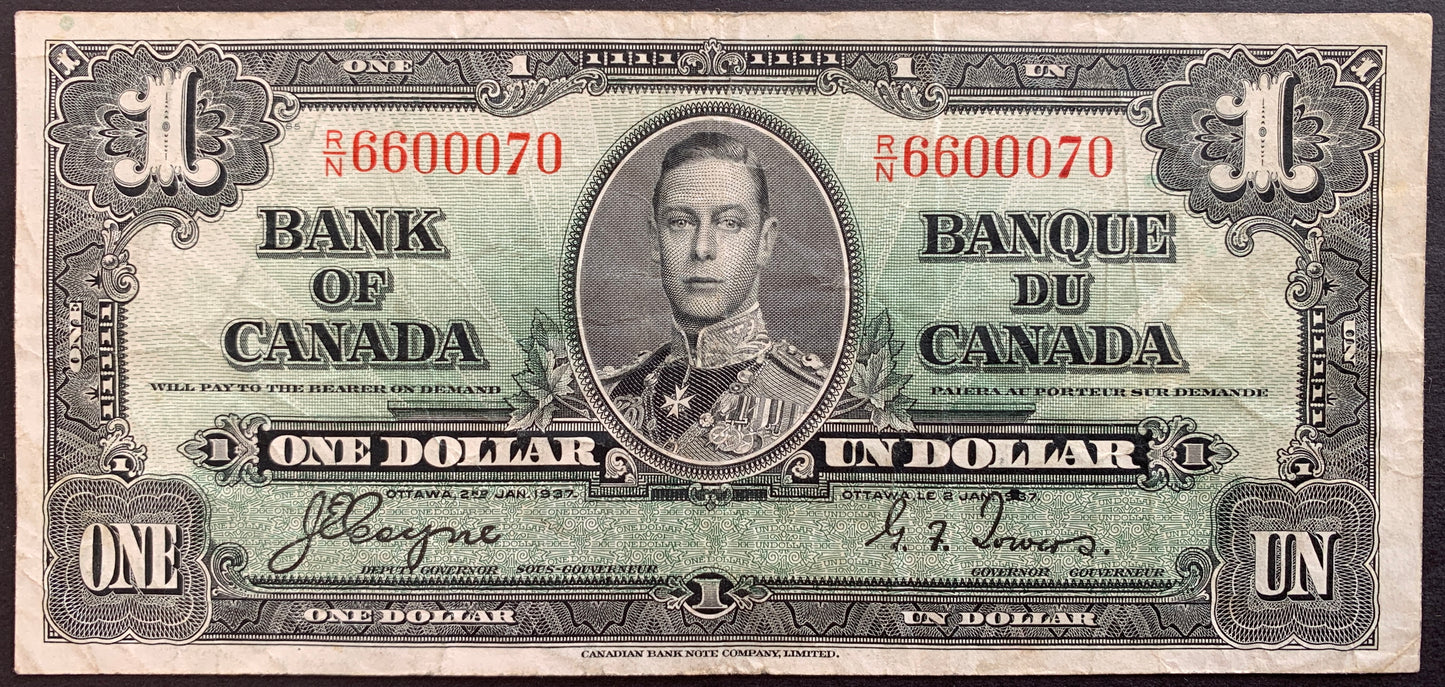 front of Canada 1 Dollar 1937 P-58e F collectible banknote with portrait of King George VI