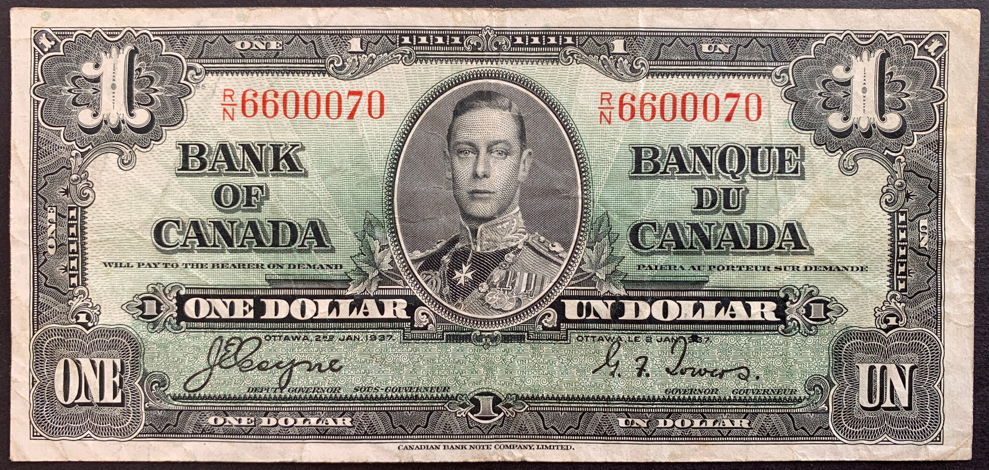 front of Canada 1 Dollar 1937 P-58e F collectible banknote with portrait of King George VI