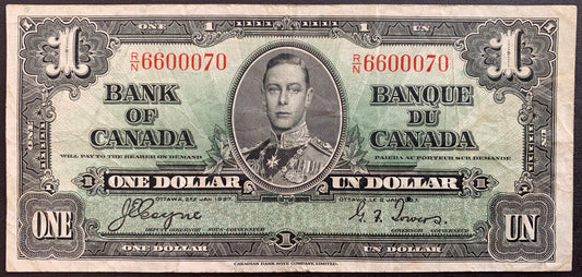 front of Canada 1 Dollar 1937 P-58e F collectible banknote with portrait of King George VI