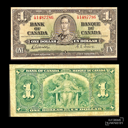 Front view of a vintage 1937 Canada 1 Dollar banknote featuring a portrait of King George VI in military uniform.