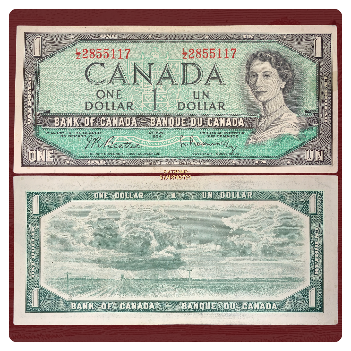 front and back of 1 Dollar 1954 P-74b collectible vintage banknote with portrait of young Queen Elizabeth II and landscape