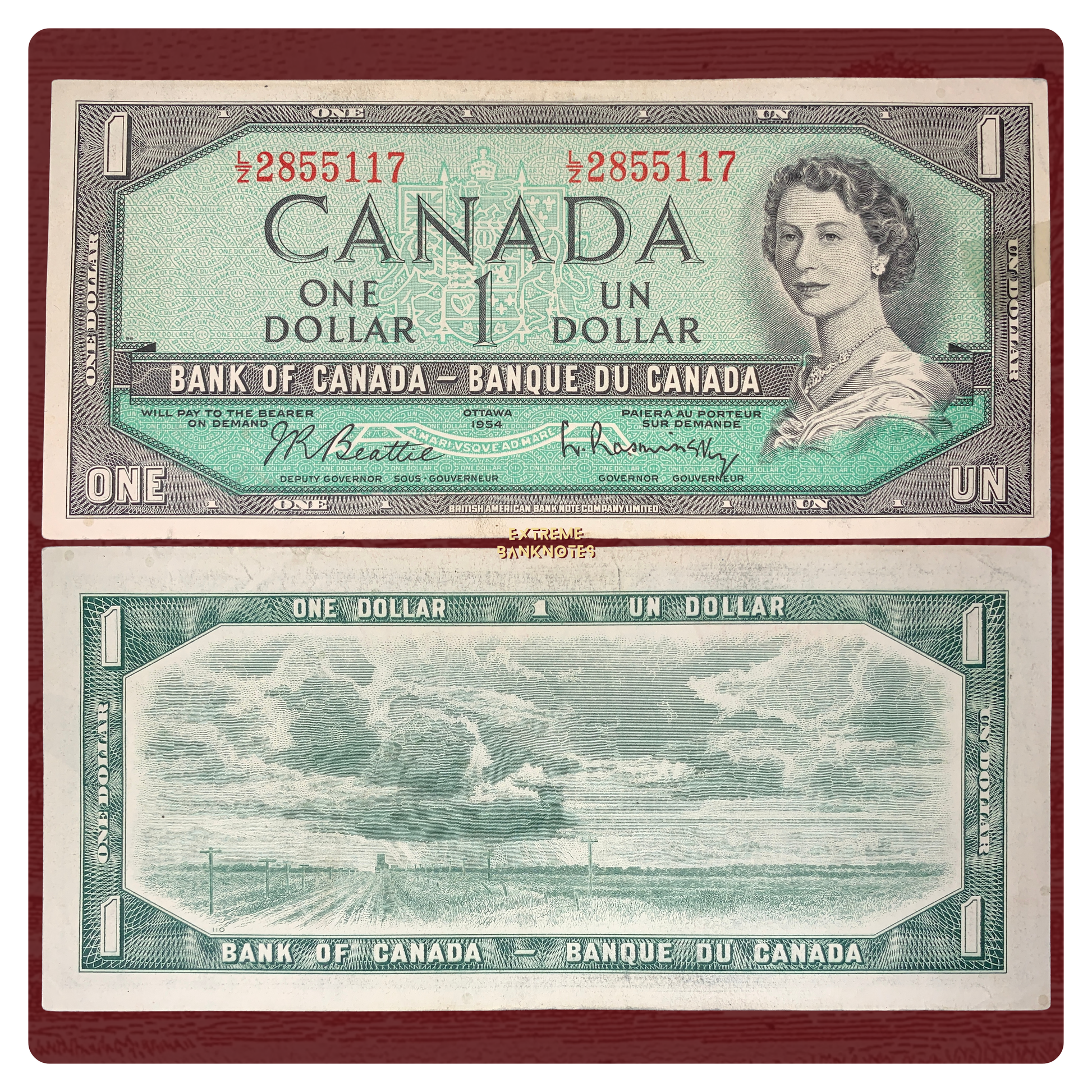 front and back of 1 Dollar 1954 P-74b collectible vintage banknote with portrait of young Queen Elizabeth II and landscape